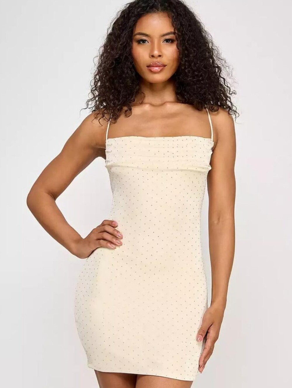 City Studio Beige Bodycon Dress XL Cowl Neck Rhinestone Spaghetti Strap Backless